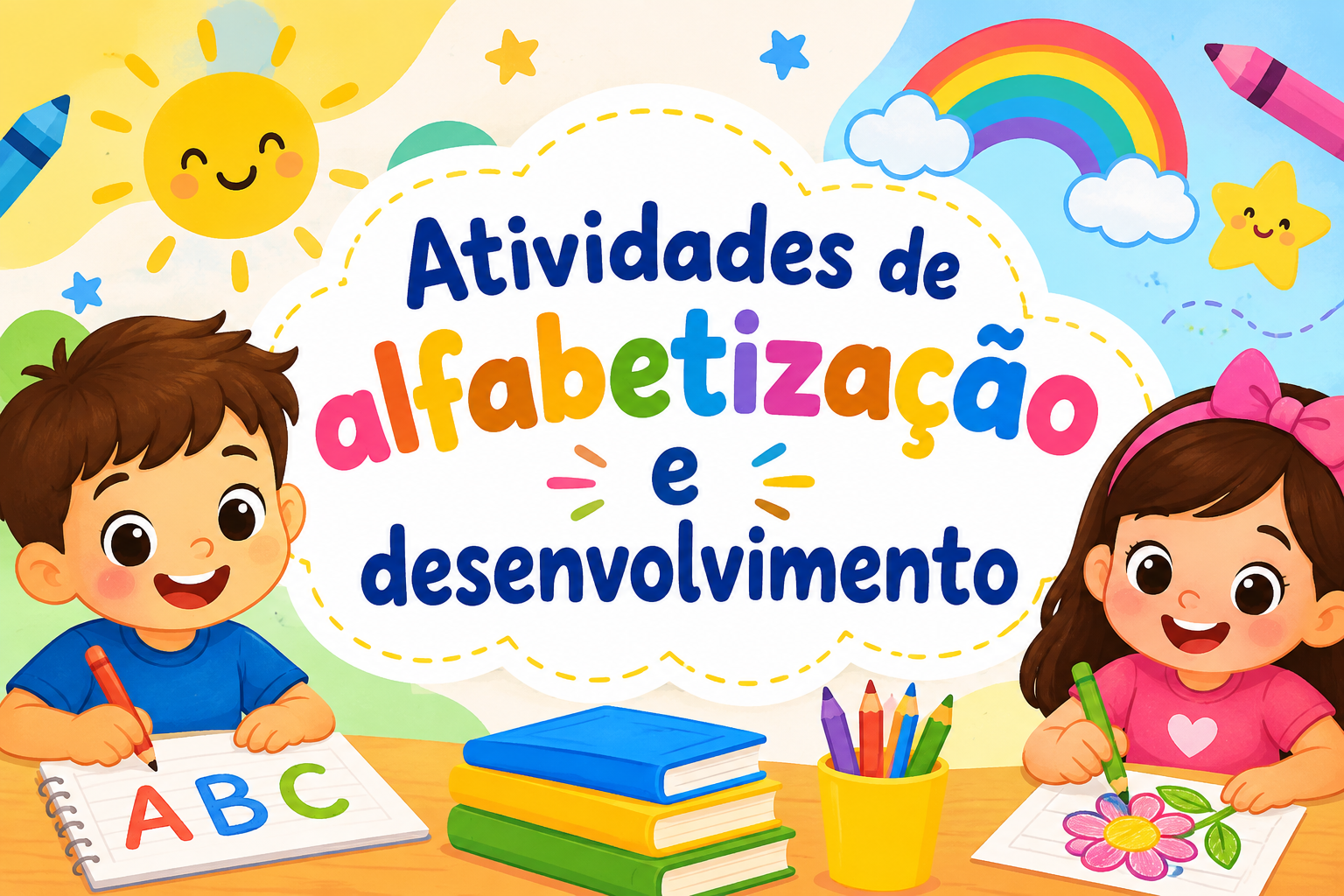Capa ilustrativa de atividades de alfabetização e desenvolvimento infantil