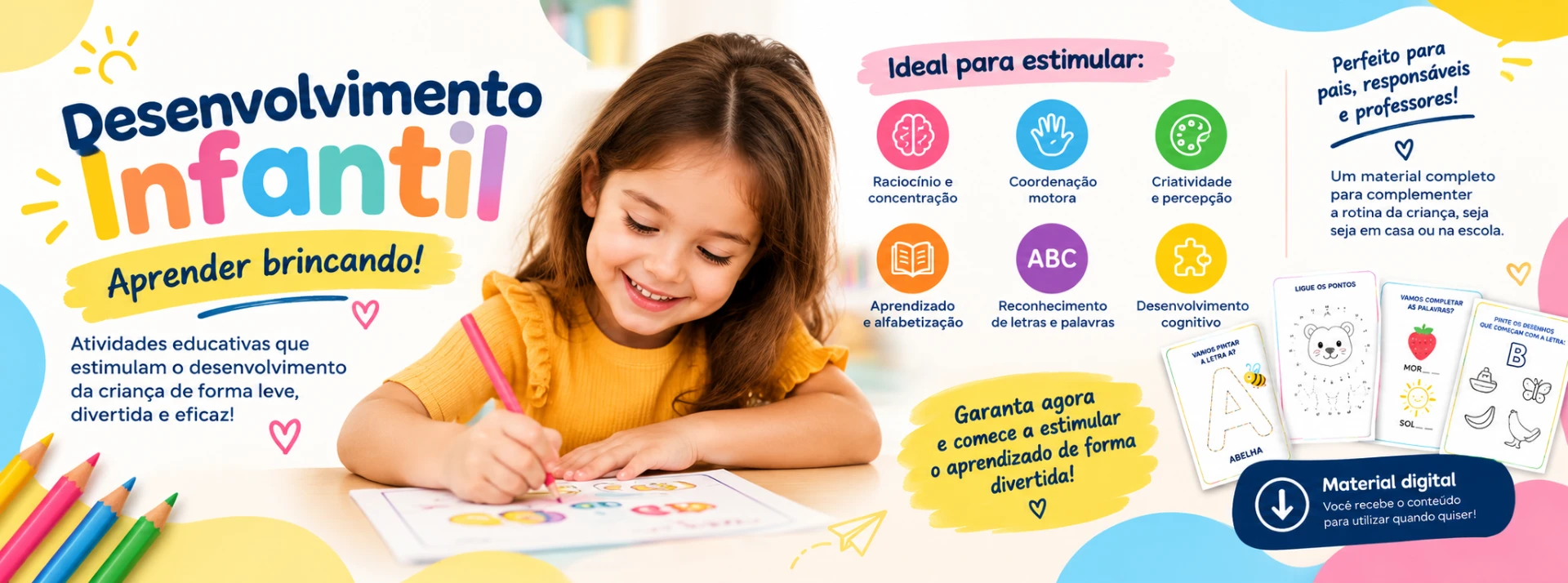 Criança realizando atividades educativas e exemplos das páginas do material
